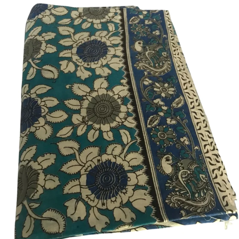 Pedana Kalamkari hand block print Cotton Saree, Traditional Handloom, Turquoise and Blue Folk Art Print, 5.5 Metres and attched 80CM Blouse - Image 5