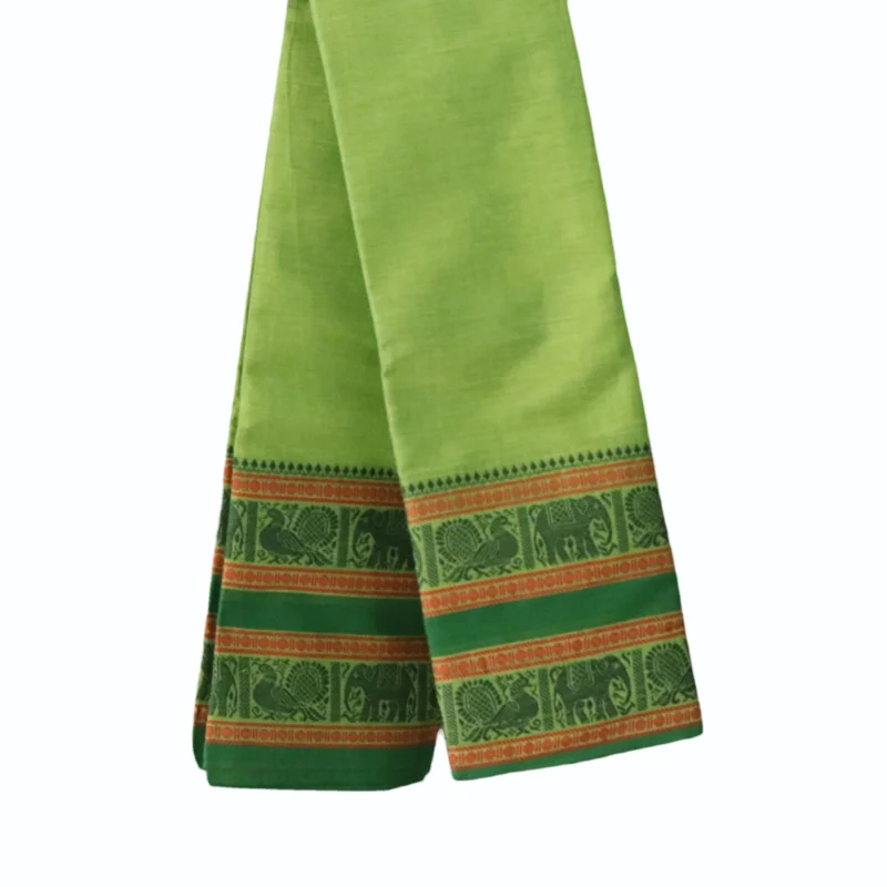 Naryanpet Pure Cotton saree dual shade of parrot green color and small hand woven buttas with Zari kaddi Border