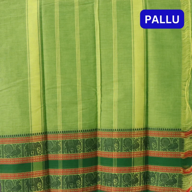 Naryanpet Pure Cotton saree dual shade of parrot green color and small hand woven buttas with Zari kaddi Border - Image 2