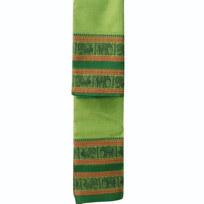 Naryanpet Pure Cotton saree dual shade of parrot green color and small hand woven buttas with Zari kaddi Border - Image 4