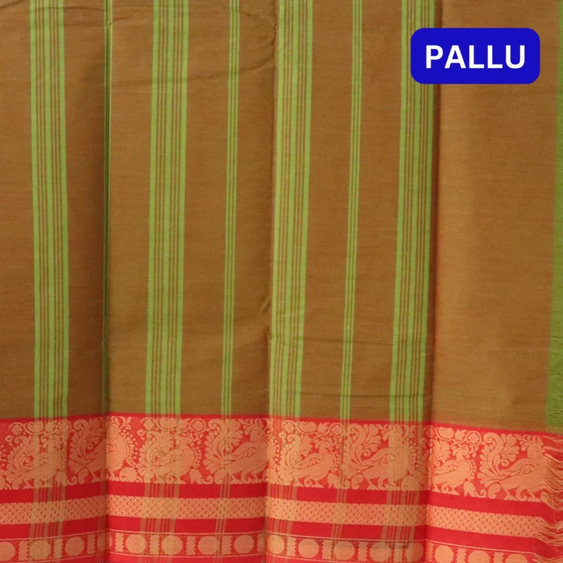 Naryanpet Pure Cotton saree dual shade of brick color and small hand woven buttas with Zari Jaquard Border - Image 2
