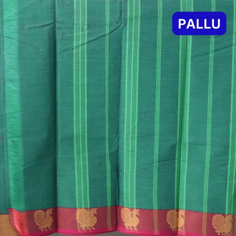 Naryanpet Pure Cotton saree dual shade of green color and small hand woven buttas with Zari kaddi Border - Image 2
