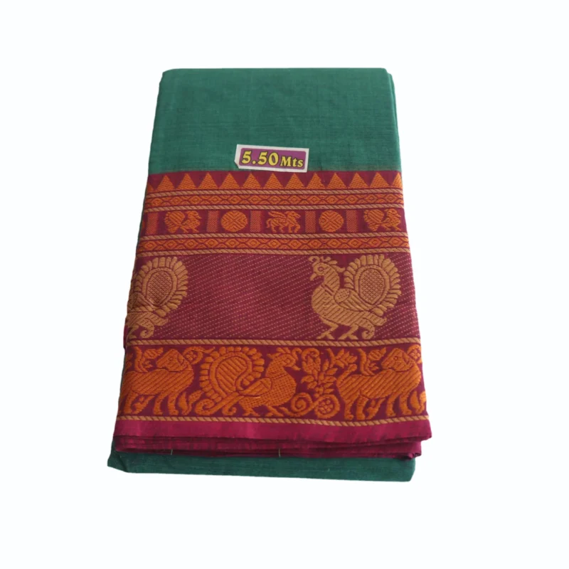 Naryanpet Pure Cotton saree dual shade of green color and small hand woven buttas with Zari kaddi Border - Image 4