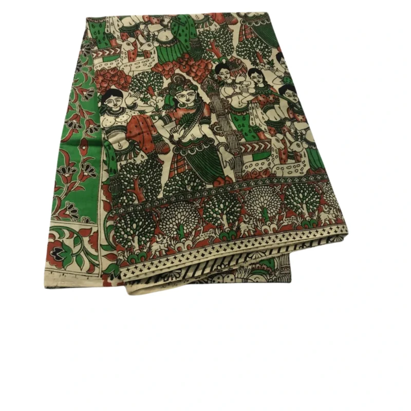 Pedana Kalamkari soft Cotton Saree, Traditional Handblock Print, Orange and Green with Floral Motifs, 5.5 Metres and attached .80 CM Blouse peice