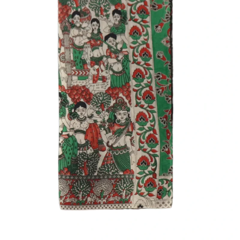 Pedana Kalamkari soft Cotton Saree, Traditional Handblock Print, Orange and Green with Floral Motifs, 5.5 Metres and attached .80 CM Blouse peice - Image 3