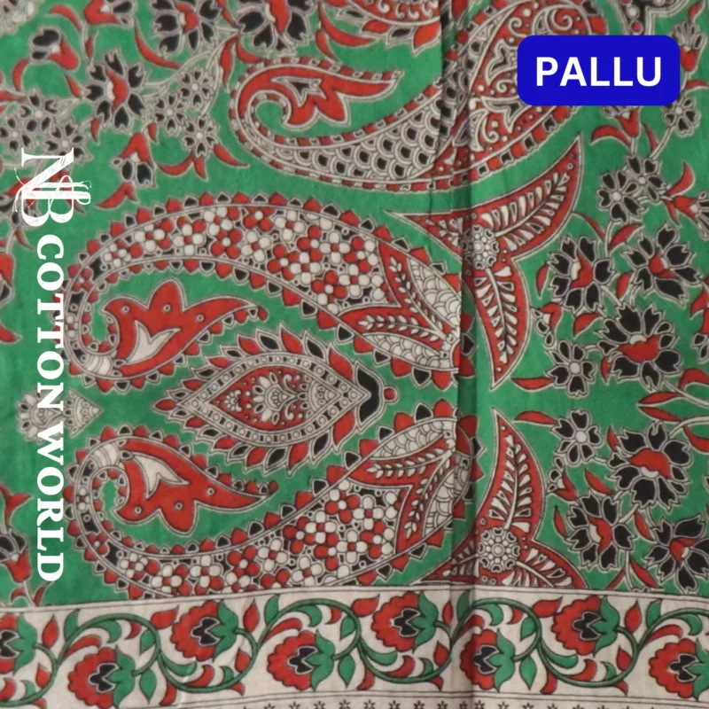 Pedana Kalamkari soft Cotton Saree, Traditional Handblock Print, Orange and Green with Floral Motifs, 5.5 Metres and attached .80 CM Blouse peice - Image 4