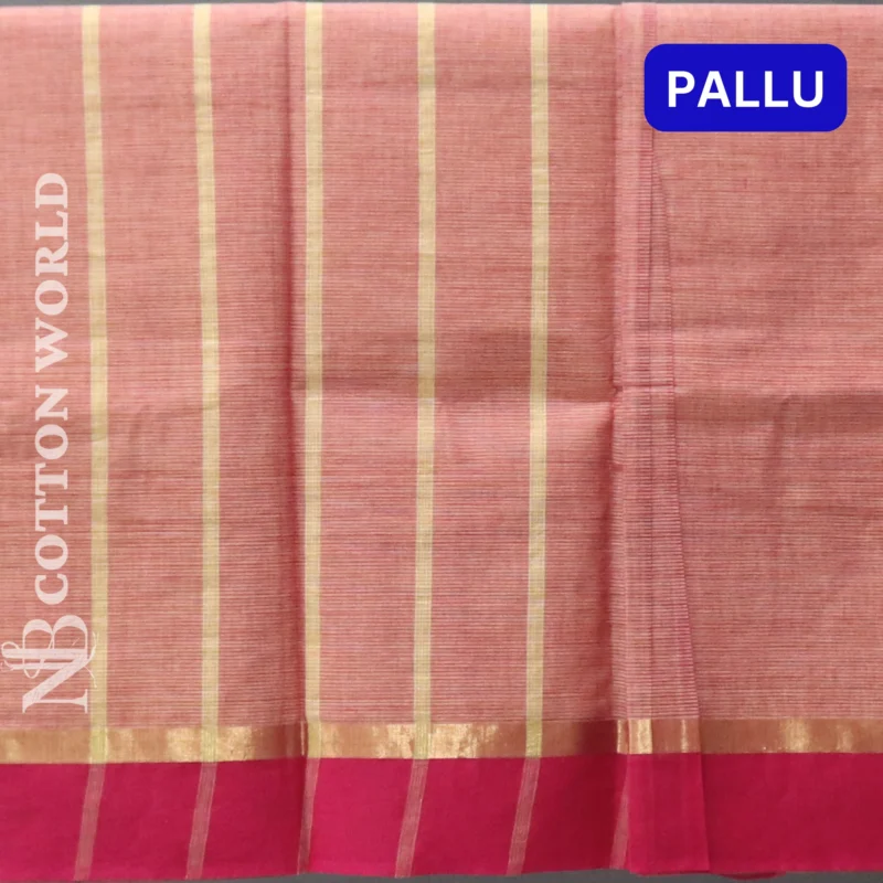 Mangalagiri plain saree with Pink color having thin line zari and thread woven border - Image 4