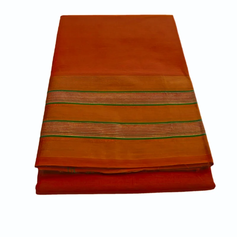 Madhavaram pure cotton Orange color saree with Zaree woven border - Image 4