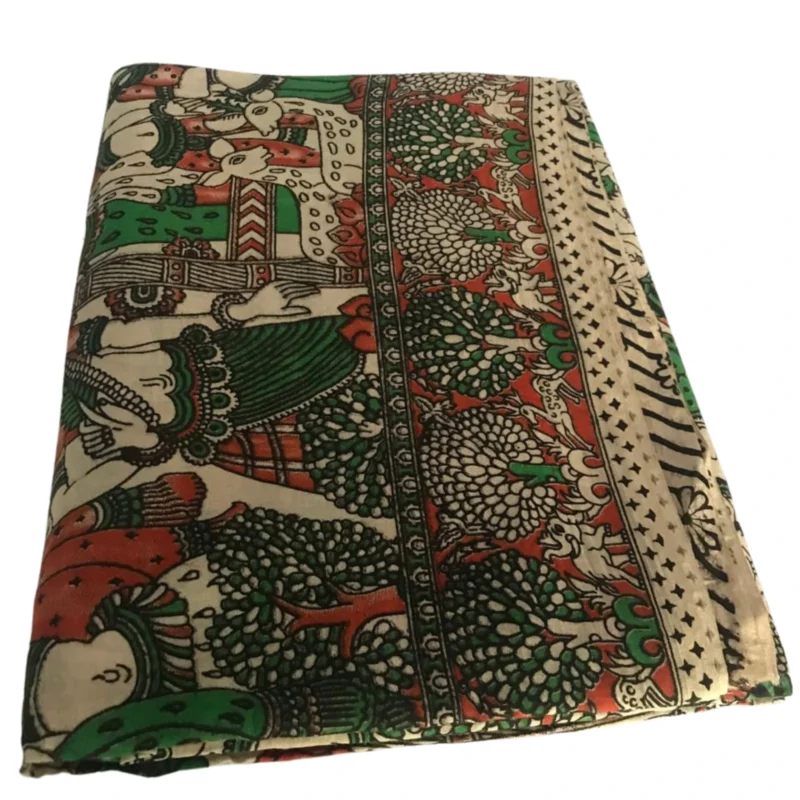 Pedana Kalamkari soft Cotton Saree, Traditional Handblock Print, Orange and Green with Floral Motifs, 5.5 Metres and attached .80 CM Blouse peice - Image 6