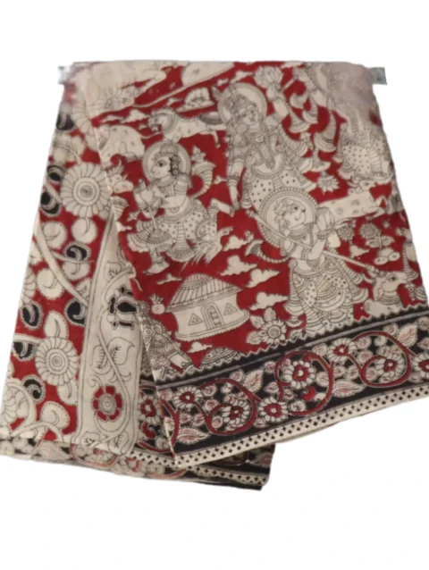 NB COTTON WORLD Traditional Pedana Kalamkari Handblock Print Soft Cotton Saree, Maroon and Beige, Temple Design with Floral Border