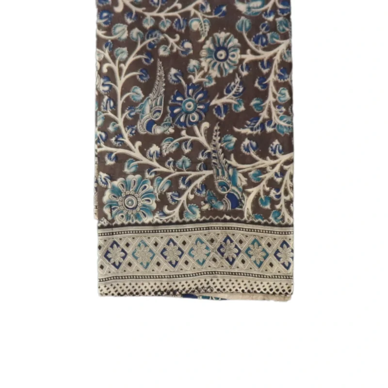 Pedana Kalamkari Cotton Saree, Traditional Handblock Print, Brown and Blue Floral Design with Geometric Border, 5.5 Metres attached 80CM Blouse - Image 2