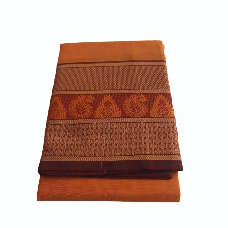Naryanpet Pure Cotton saree dual shade of brick color and small hand woven buttas with Zari Jaquard Border - Image 3