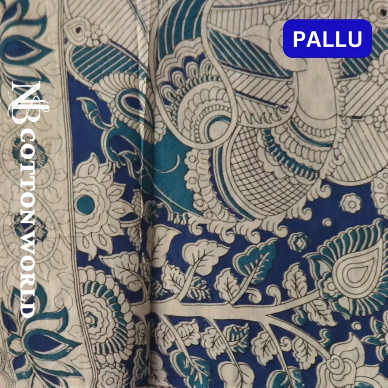 Pedana Kalamkari Cotton Saree, Traditional Handblock Print, Brown and Blue Floral Design with Geometric Border, 5.5 Metres attached 80CM Blouse - Image 3