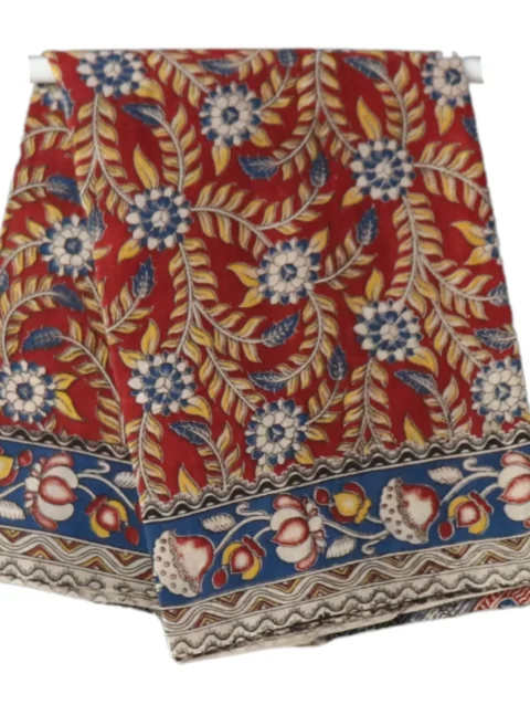 Pedana Kalamkari Handblock Print Cotton Saree, Maroon Red with Blue Border, Traditional Floral Design, 5.5 Metres and attached 80CM Blouse