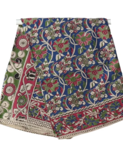 Pedana Kalamkari Cotton Saree, Traditional Handblock Print, Floral Design with Peacock Pallu, Green and Purple, 5.5 Metres and attached 80CM blouse
