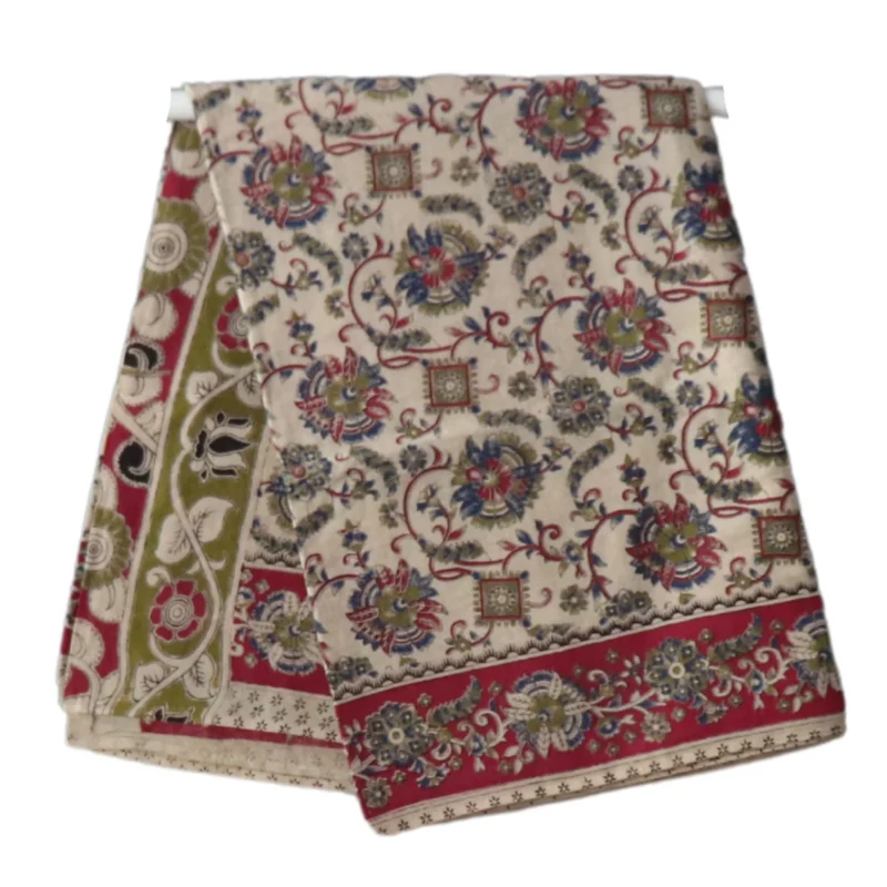 Pedana Kalamkari Cotton Saree, Traditional Handblock Print, Maroon Red and Blue Floral Design, 5.5 Metres and attached 80cm Blouse