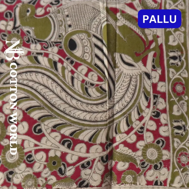 Pedana Kalamkari Cotton Saree, Traditional Handblock Print, Maroon Red and Blue Floral Design, 5.5 Metres and attached 80cm Blouse - Image 3