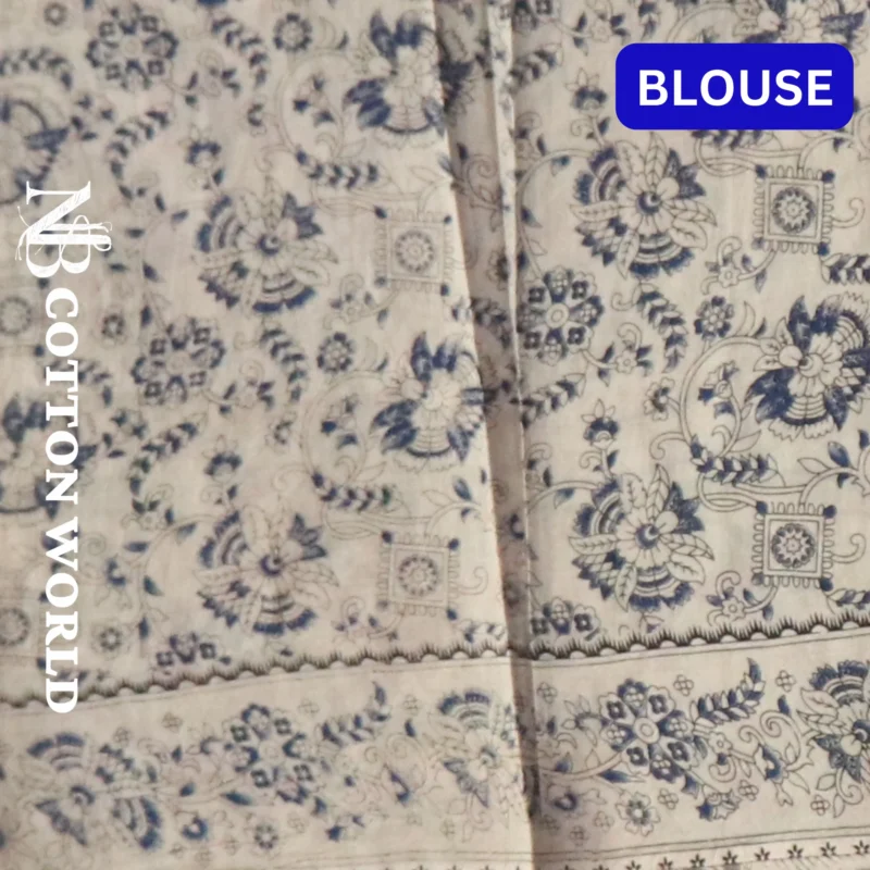 Pedana Kalamkari Cotton Saree, Traditional Handblock Print, Maroon Red and Blue Floral Design, 5.5 Metres and attached 80cm Blouse - Image 4