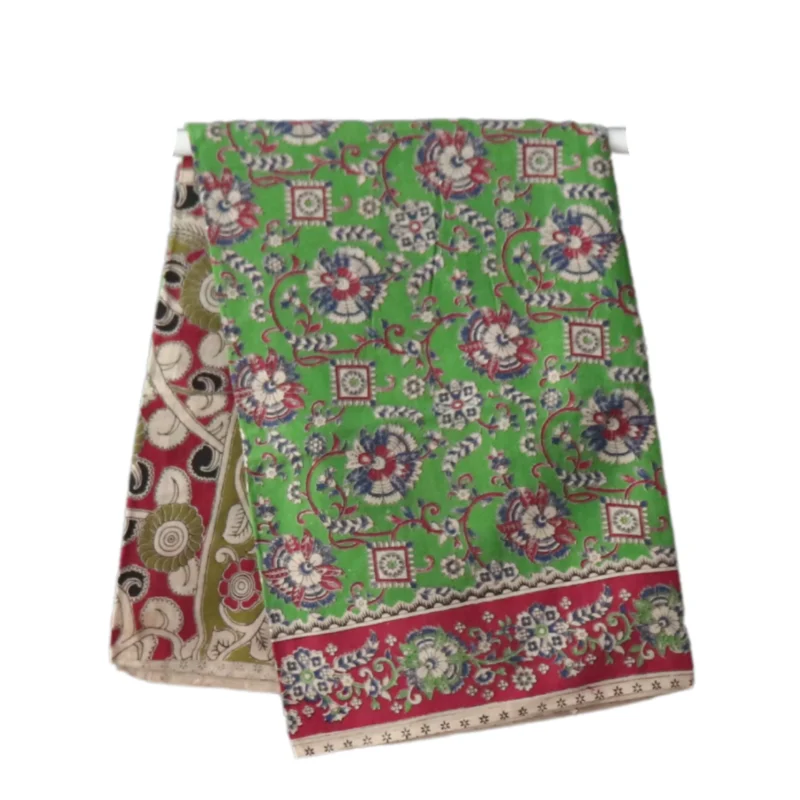 Pedana Kalamkari Handblock Print Cotton Saree, Traditional South Indian Style, Green and Maroon
