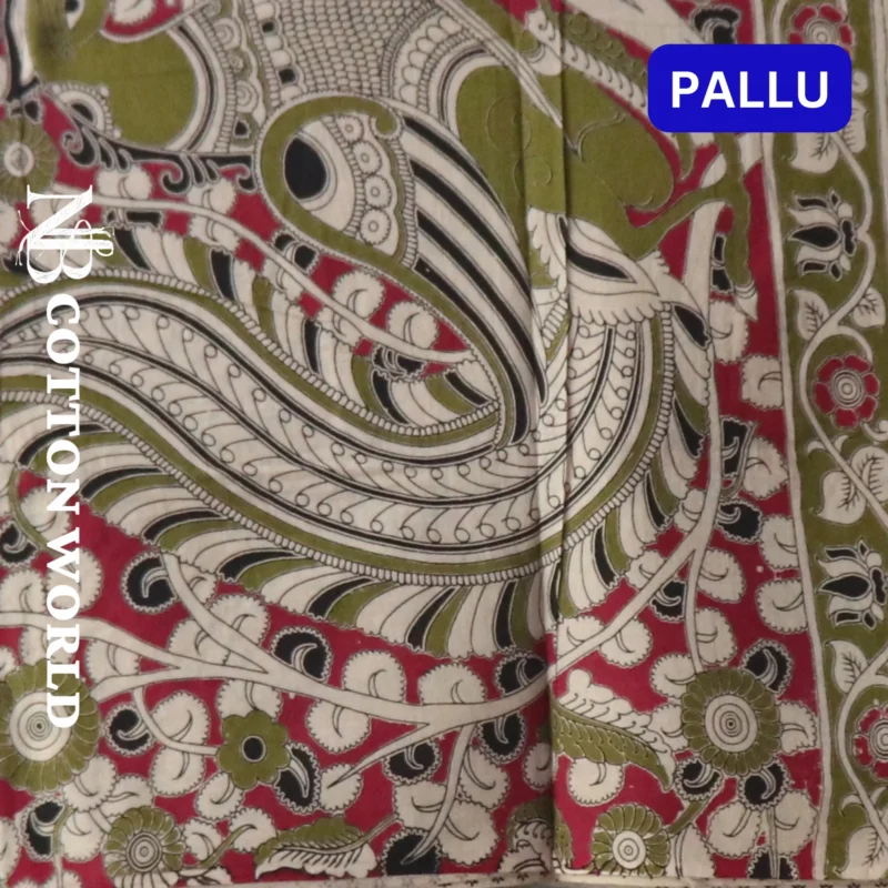 Pedana Kalamkari Handblock Print Cotton Saree, Traditional South Indian Style, Green and Maroon - Image 3