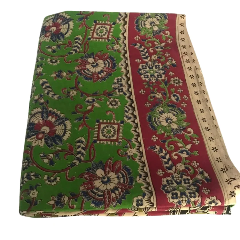 Pedana Kalamkari Handblock Print Cotton Saree, Traditional South Indian Style, Green and Maroon - Image 5