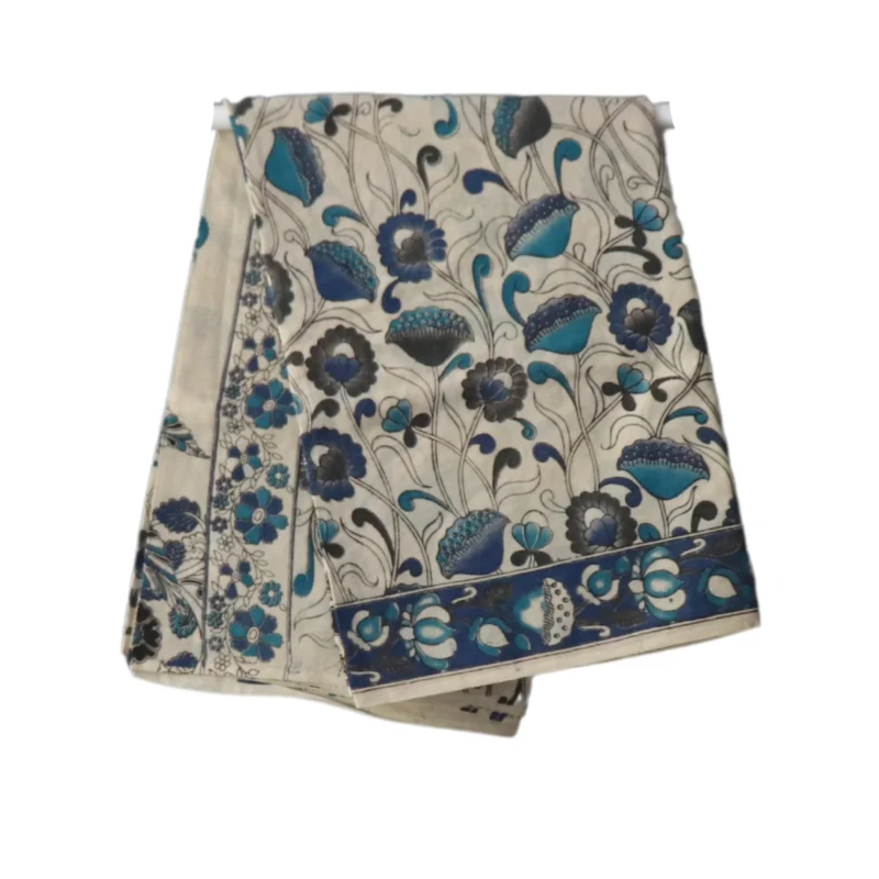 Pedana Kalamkari Cotton Saree, Traditional Handblock Print, Blue and White Floral Design with Border