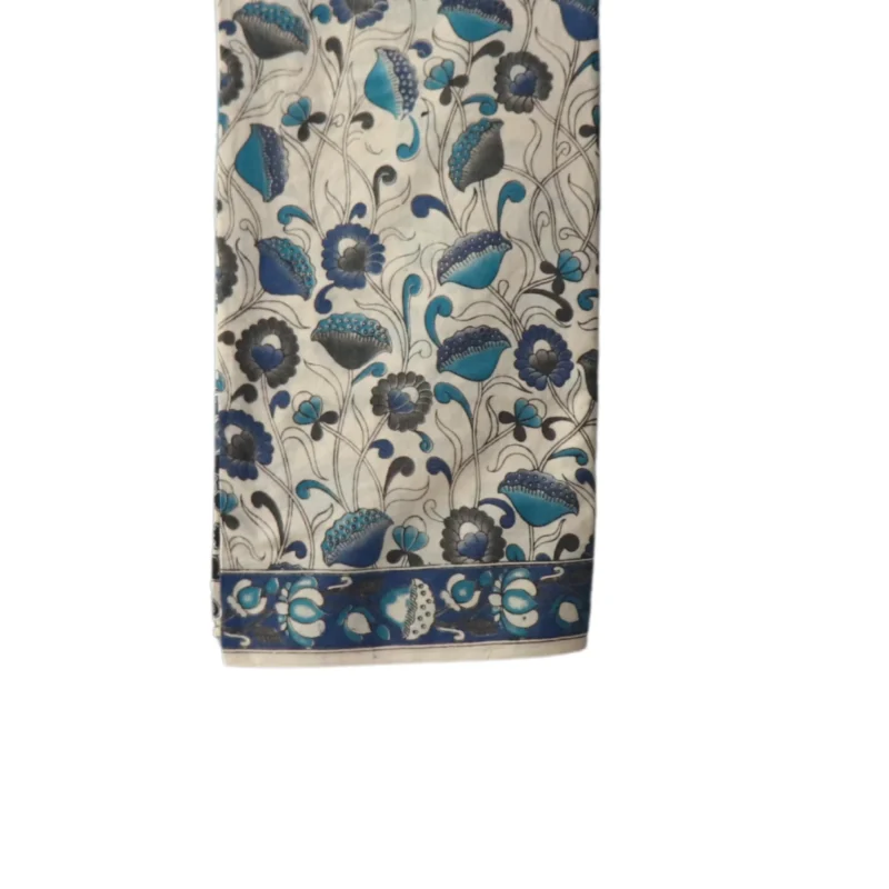Pedana Kalamkari Cotton Saree, Traditional Handblock Print, Blue and White Floral Design with Border - Image 2