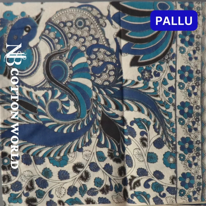 Pedana Kalamkari Cotton Saree, Traditional Handblock Print, Blue and White Floral Design with Border - Image 3