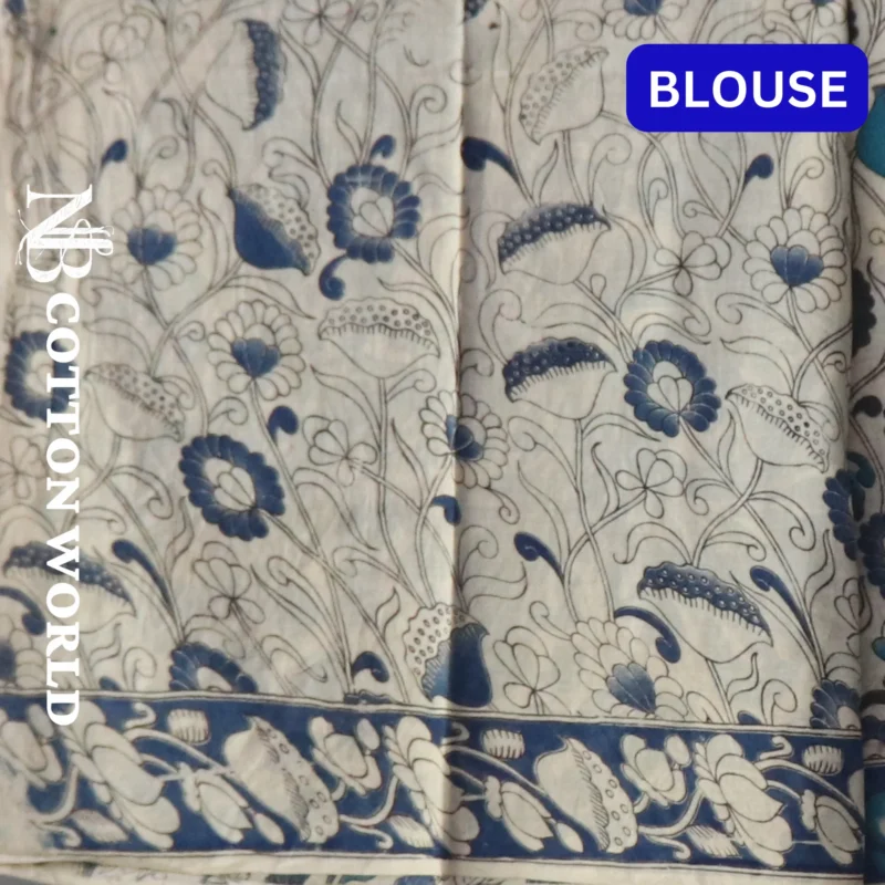 Pedana Kalamkari Cotton Saree, Traditional Handblock Print, Blue and White Floral Design with Border - Image 4