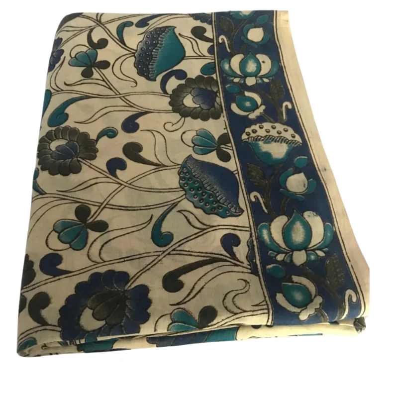 Pedana Kalamkari Cotton Saree, Traditional Handblock Print, Blue and White Floral Design with Border - Image 5