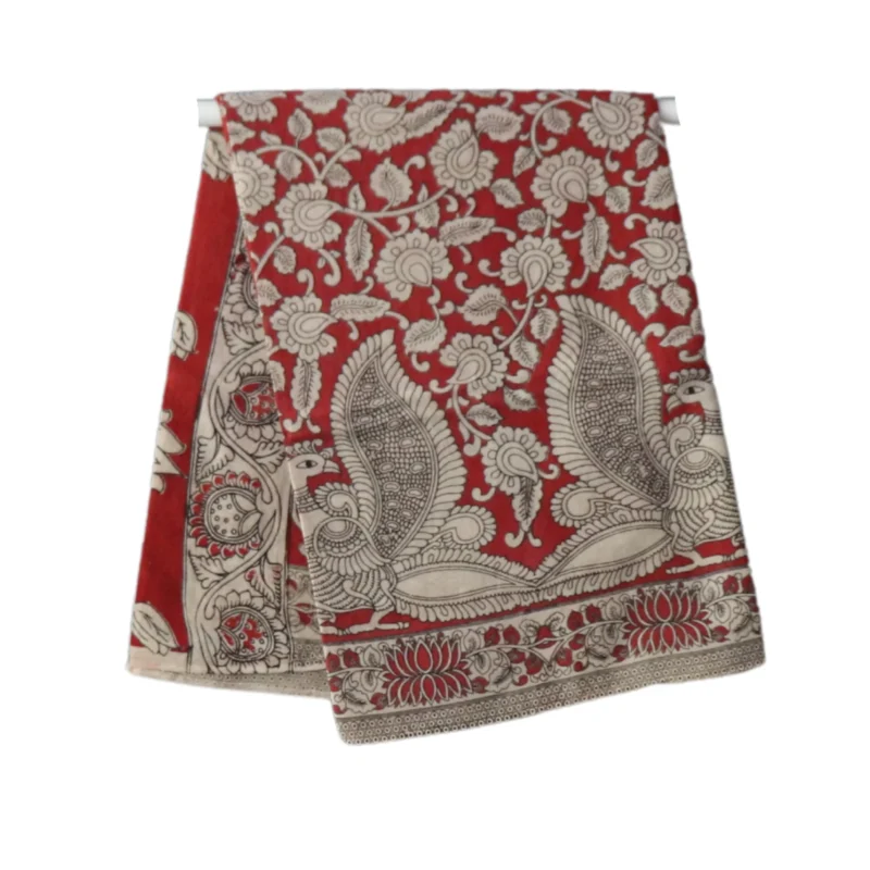 Pedana Kalamkari Cotton Saree, Traditional Handblock Print, Red and White Floral Design with Decorative Pallu