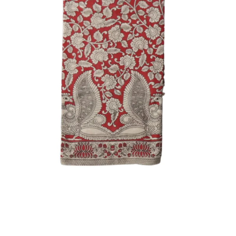 Pedana Kalamkari Cotton Saree, Traditional Handblock Print, Red and White Floral Design with Decorative Pallu - Image 2