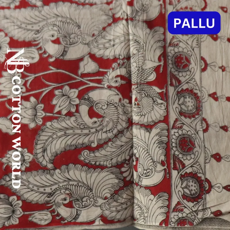 Pedana Kalamkari Cotton Saree, Traditional Handblock Print, Red and White Floral Design with Decorative Pallu - Image 3