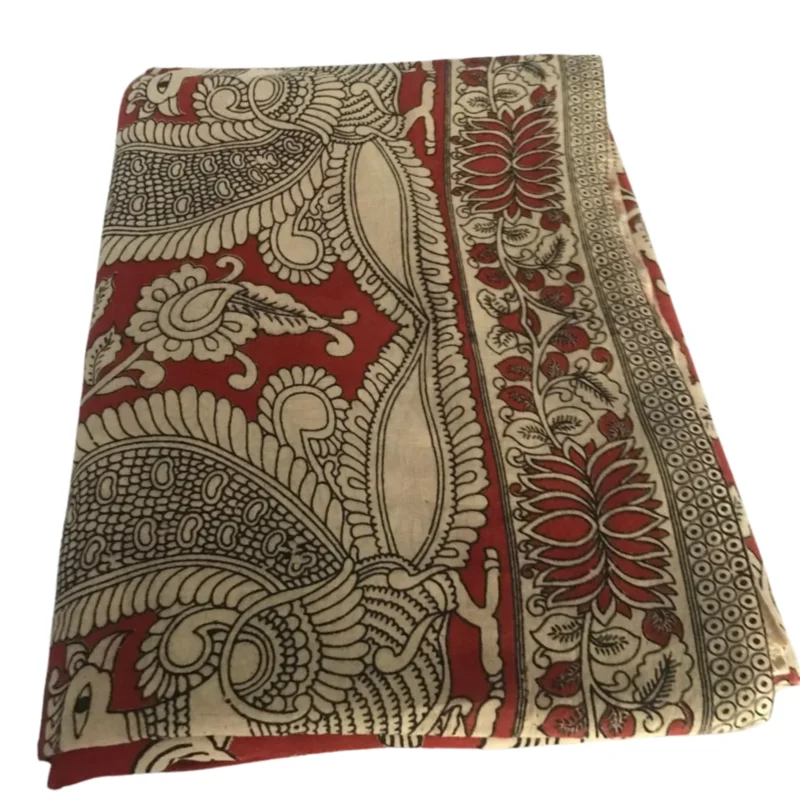 Pedana Kalamkari Cotton Saree, Traditional Handblock Print, Red and White Floral Design with Decorative Pallu - Image 5