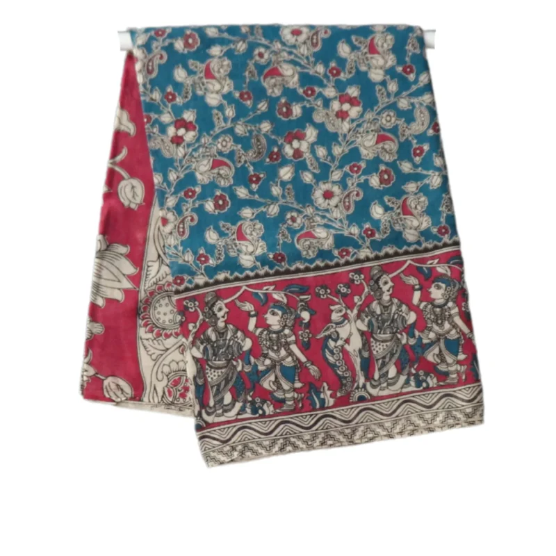 Traditional Kalamkari Cotton Saree, Blue and Pink with Folk Art Border, Floral Design
