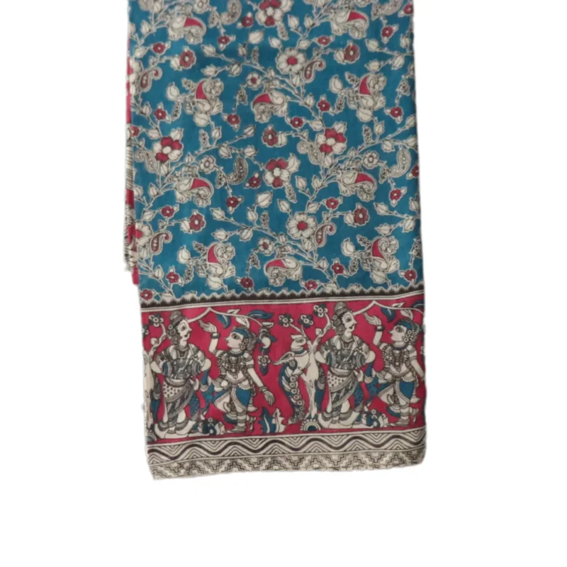 Traditional Kalamkari Cotton Saree, Blue and Pink with Folk Art Border, Floral Design - Image 2