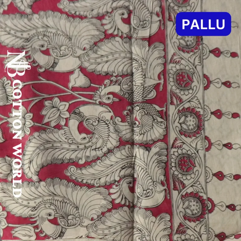 Traditional Kalamkari Cotton Saree, Blue and Pink with Folk Art Border, Floral Design - Image 3