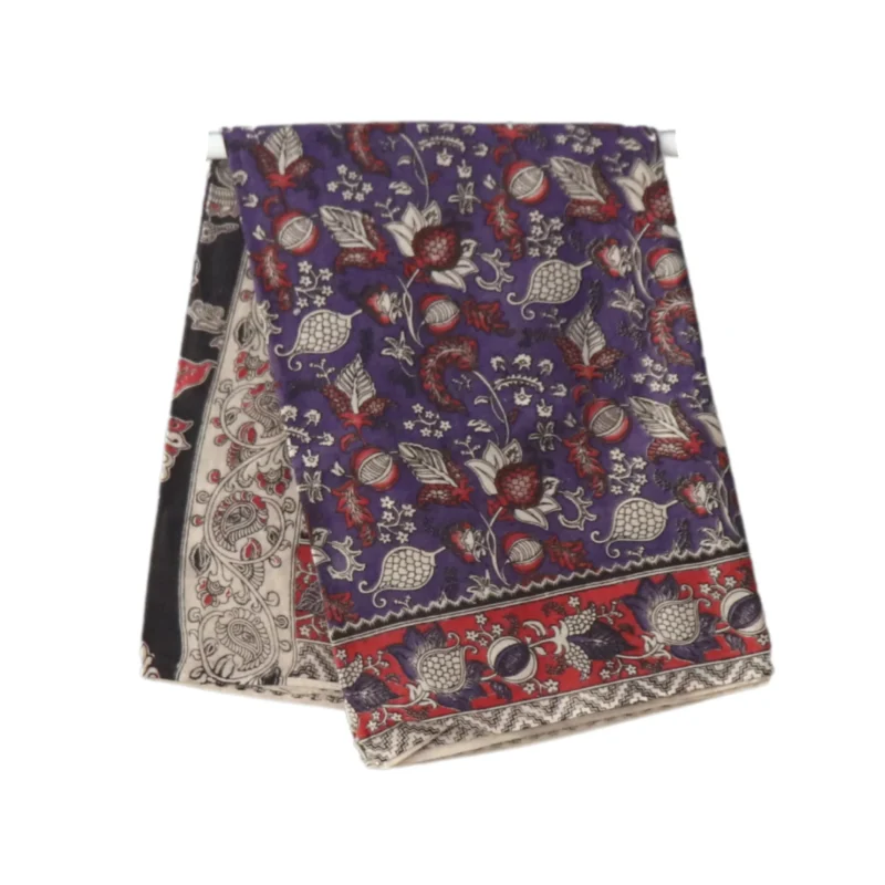 Traditional Kalamkari Cotton Saree, Purple with Red Border, Handloom Block Print, Floral and Paisley Pattern