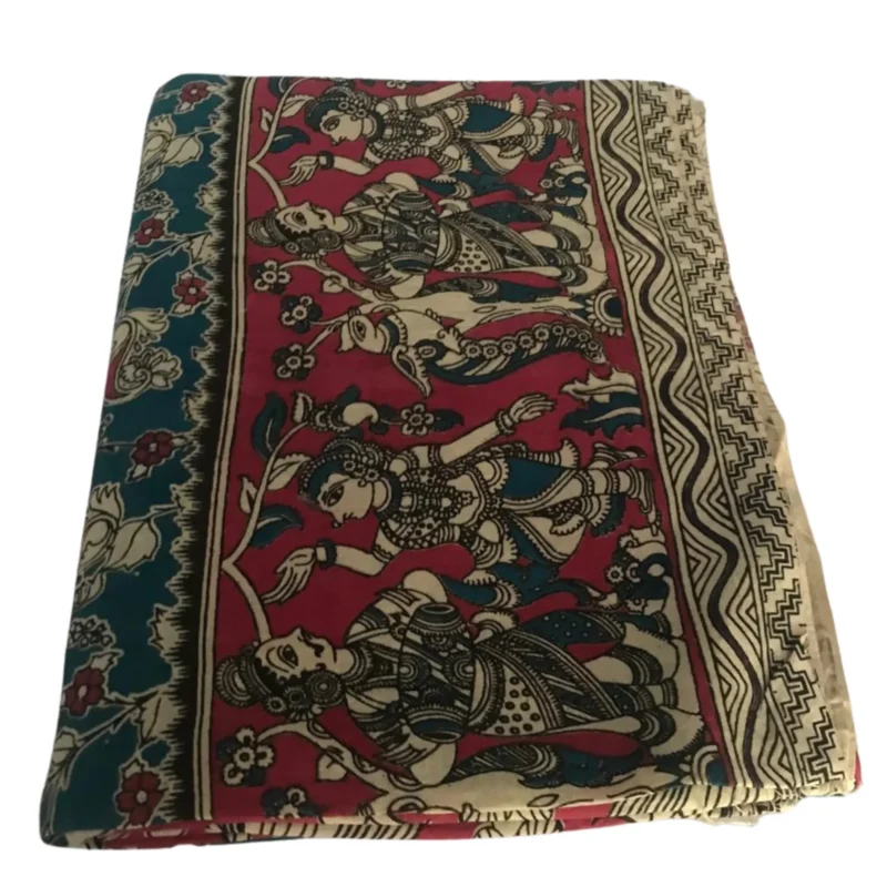 Traditional Kalamkari Cotton Saree, Blue and Pink with Folk Art Border, Floral Design - Image 5