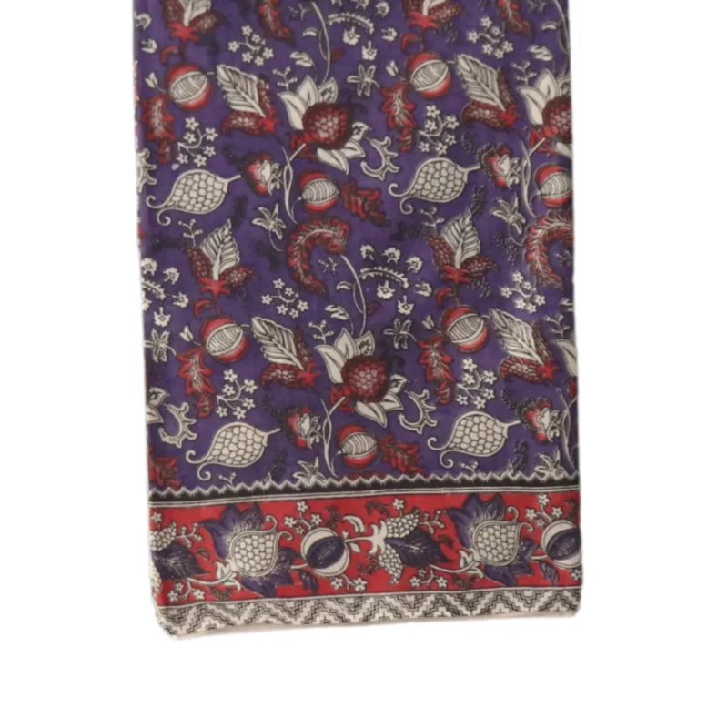 Traditional Kalamkari Cotton Saree, Purple with Red Border, Handloom Block Print, Floral and Paisley Pattern - Image 2