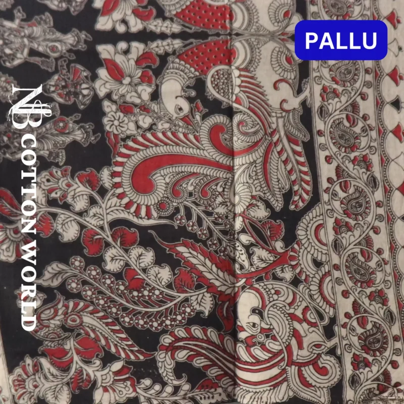 Traditional Kalamkari Cotton Saree, Purple with Red Border, Handloom Block Print, Floral and Paisley Pattern - Image 3