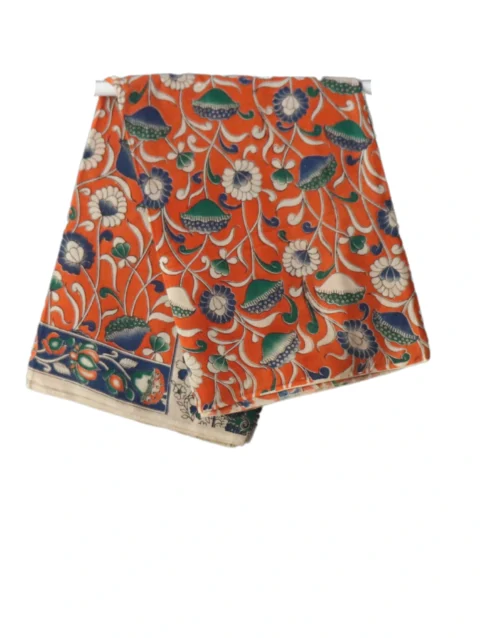 NB COTTON WORLD Handblock Print Kalamkari Saree, Orange with Floral Design, Traditional Pedana Style