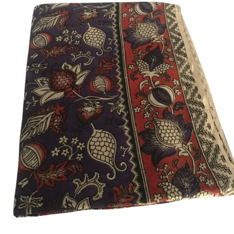 Traditional Kalamkari Cotton Saree, Purple with Red Border, Handloom Block Print, Floral and Paisley Pattern - Image 5