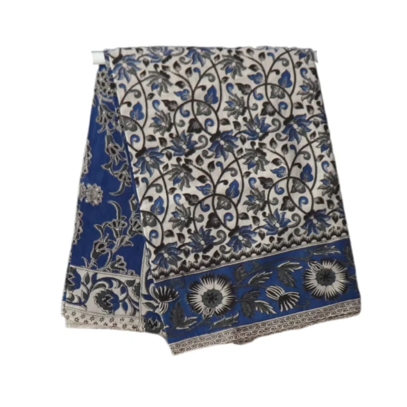 Kalamkari Cotton Saree, Traditional Handloom, Blue and White Floral Pattern, Paisley Border