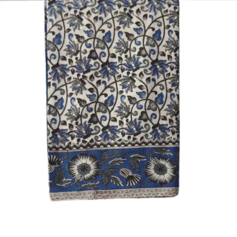Kalamkari Cotton Saree, Traditional Handloom, Blue and White Floral Pattern, Paisley Border - Image 2