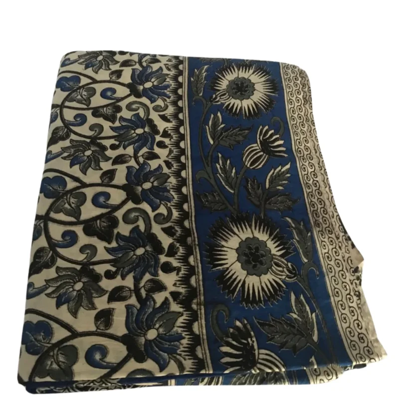 Kalamkari Cotton Saree, Traditional Handloom, Blue and White Floral Pattern, Paisley Border - Image 5