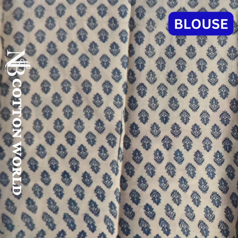 Handloom Cotton Kalamkari Saree, Traditional Pedana hand block Print, Blue-Grey-White Floral Design, 5.5 Metres and attached 80cm blouse - Image 4