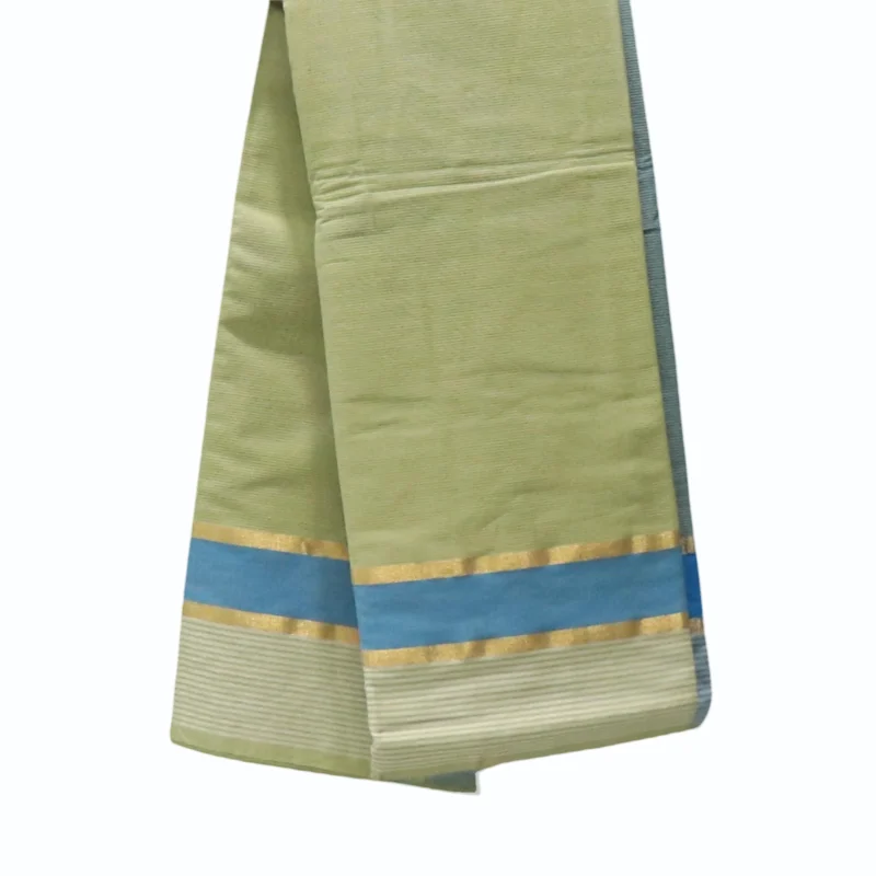 Mangalagiri plain saree with light Olive green color having thin line zari and thread woven border
