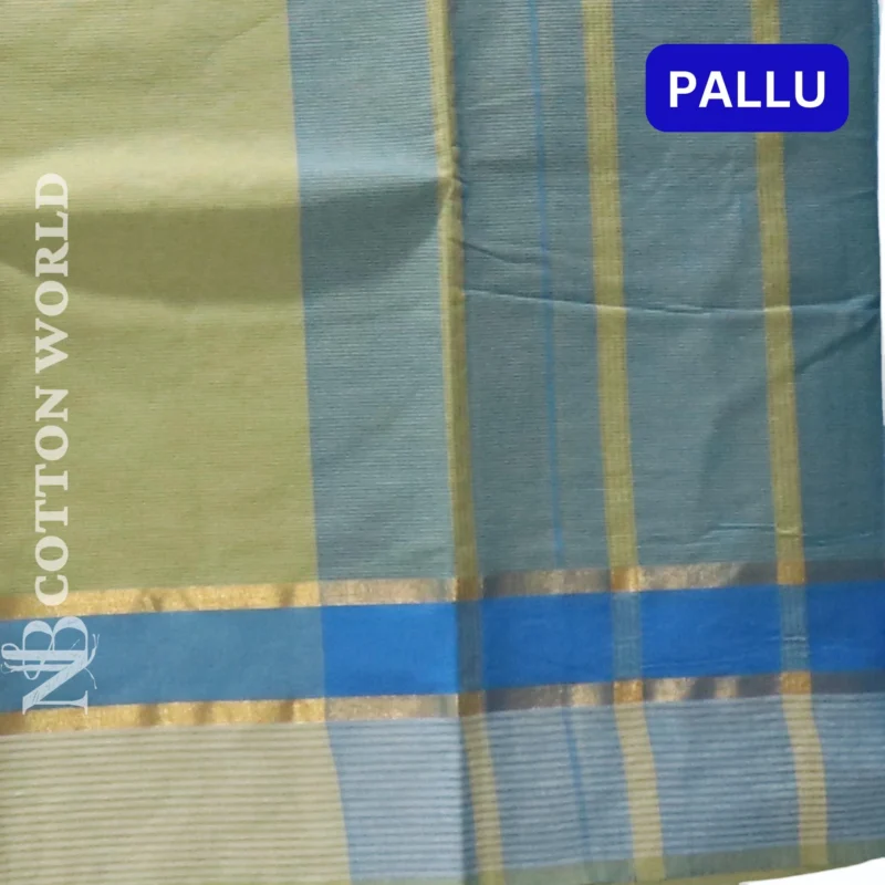 Mangalagiri plain saree with light Olive green color having thin line zari and thread woven border - Image 2