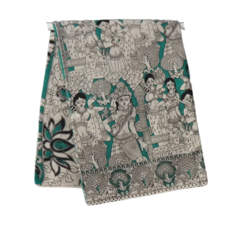 Pedana Kalamkari handblock print Cotton Saree, Traditional Handloom, Folk Art Design, 550 cm, Blue and White and attached 80CM Blouse